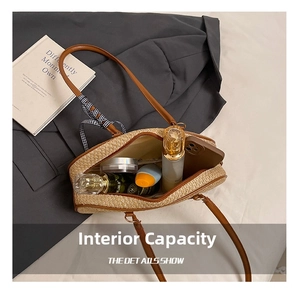Internal view of a woven bag showing spacious capacity for perfume and smartphone