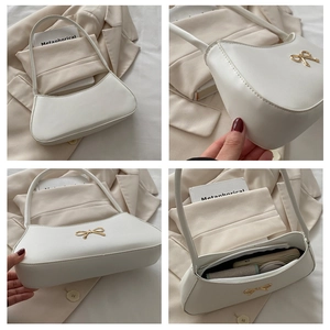 Detailed views of white PU leather hobo bag featuring golden metal bow and inner storage
