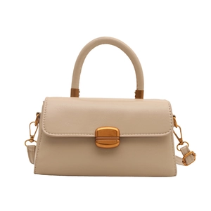 Minimalist beige crossbody handbag with vintage gold buckle and top handle for women