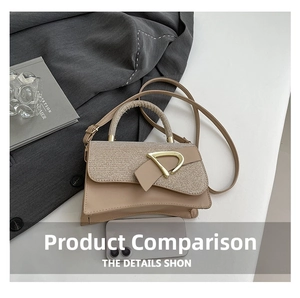 Detail of crossbody bag featuring woven texture flap and gold D-ring hardware decoration