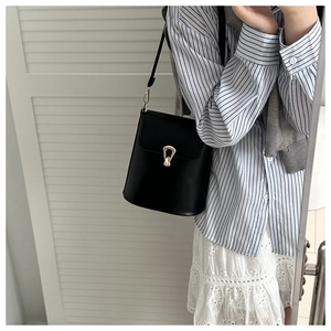 Mirror reflection view of a black matte leather bucket bag with a golden arch buckle