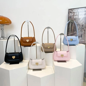 Fashion Minimalist PU Leather Shoulder Bag For Women Heart Metal Buckle Vintage Underarm Bag Solid Color Commuter Square Bag