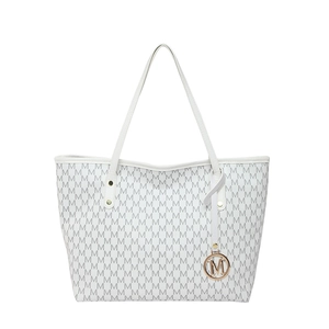 Elegante weiße Leder-Tote-Bag mit grauem M-Print und goldenem Logo-Anhänger