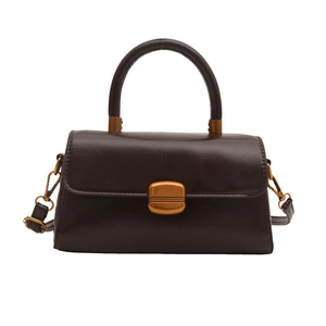 Retro coffee brown faux leather handbag with gold metal clasp and top handle for women