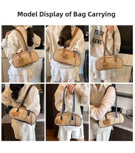 Detailed views of woven cylindrical crossbody bag with bear pendant and ribbon detail