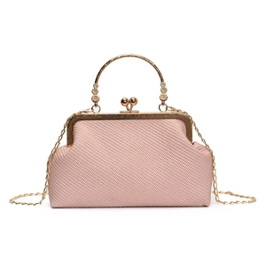 Pink woven retro evening shell bag with gold chain strap and floral metal handle