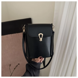 Detail of black leather bucket bag featuring a gold horseshoe clasp and metallic hardware