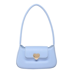 Light blue faux leather underarm bag with a central gold heart-shaped metal buckle