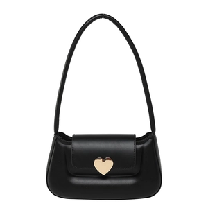 Fashionable black crossbody bag featuring a golden heart-shaped clasp on a smooth finish