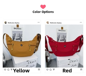 Détail des sacs croissants en nylon jaune et rouge avec deux poches frontales zippées