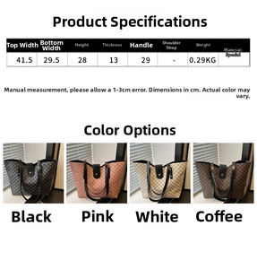 Detailed size chart for the large tote bag with dimensions and material specifications
