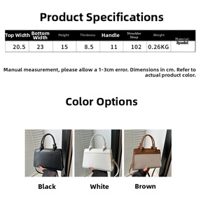 Detailed size parameters and color display of the woven crossbody bag in black, white, and brown