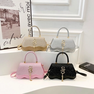 Stylish glittering mini handbags in four colors with wave design and metallic handles