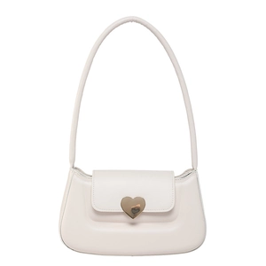 Elegant white underarm bag with a golden heart-shaped clasp and minimalist leather design