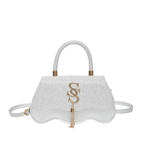 Silver sequin crossbody handbag for women with gold logo and wavy bottom design