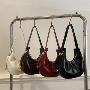 Glossy PU Leather Crescent Hobo Bag For Women Minimalist Solid Color Underarm Bag With Double Zipper Retro Fashion Shoulder Bag