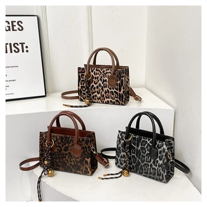 Leopard Print PU Leather Handbag Square Crossbody Bag With Detachable Strap And Metal Ball Charm Vintage Style For Women