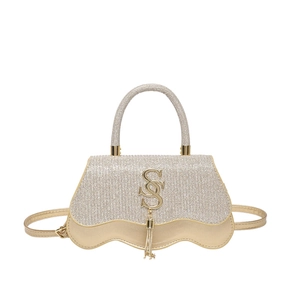 Champagne gold sequin shoulder bag with wave flap, tassel and gold metal SS hardware