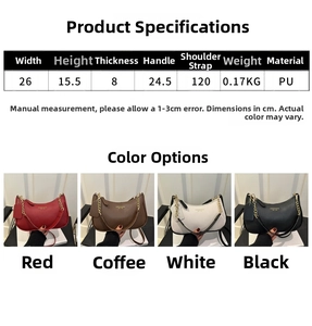 Size guide for crescent hobo bag showing dimensions 26x15.5x8cm and PU leather texture
