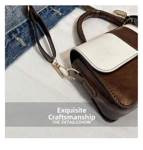 Détails du sac à main bicolore marron et blanc en similicuir avec boucles métalliques dorées