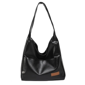 Minimalist black PU leather hobo tote bag with a single shoulder strap and front pocket