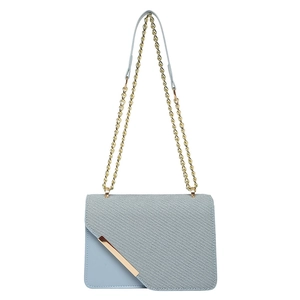 Modern light blue chain shoulder bag with diagonal metal trim and textured flap design