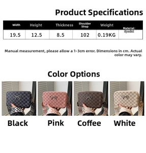 Size guide for retro printed crossbody bag showing dimensions and four available colors