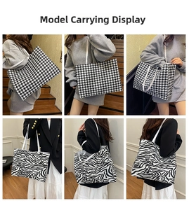 Collage of model wearing houndstooth and zebra print tote bags in indoor settings