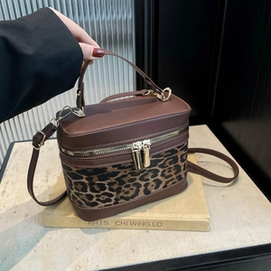 Vintage leopard print crossbody box bag with gold double zippers and top handle for women