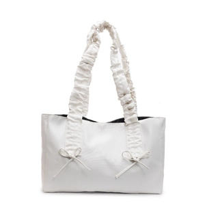 Chic beige nylon tote bag with pleated cloud straps and bow accents for women