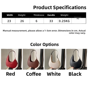 Detailed size chart and specifications for the retro PU crescent underarm bag