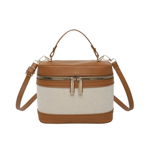 Vintage canvas and brown leather box bag with dual zippers and gold hardware