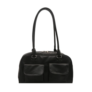 Minimalist black faux leather shoulder bag with double pockets and long handles for women