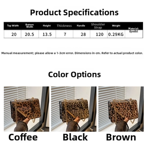 Detailed size chart and dimensions for leopard print crossbody bags in three colors
