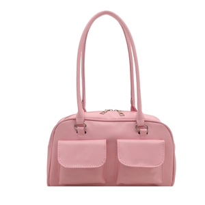 Chic pink glossy leather underarm bag with double front flap pockets and slim straps