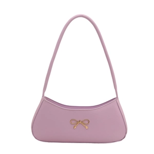 French style purple PU leather baguette bag with a trendy golden bow decoration