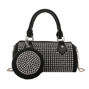 Fashion black cylinder bag with rhinestones and matching round pouch with silver chain
