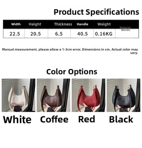 Detailed woven texture and dimensions of versatile crescent underarm bags in four colors