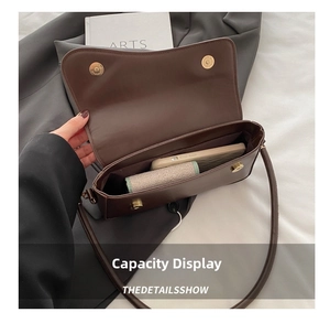 Internal capacity display of dark brown faux leather bag with magnetic flip closure