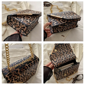 Detailed views of leopard print crossbody bag with gold chain strap and inner compartments
