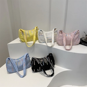 Women Fashion Underarm Bag Nylon Rainbow Embroidered Shoulder Bag Street Style Casual Hobo Bag Letter Embossed Handbag