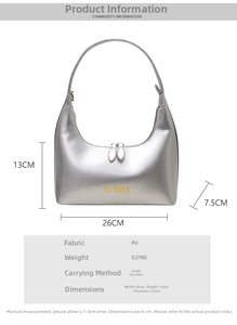 Detailed size specifications for the silver patent leather baguette bag with dimensions