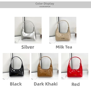 Glossy patent leather baguette bags in silver, black, red, and khaki colors