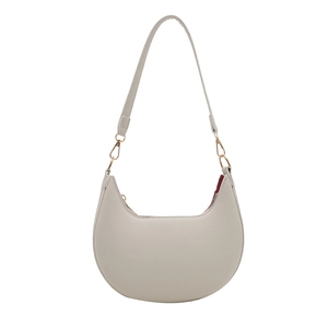 Minimalist cream crescent shoulder bag with golden hardware and smooth curved lines