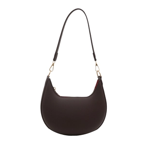 Deep brown lychee textured leather crescent shoulder bag with golden metal hardware