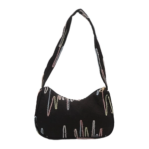 Black dumpling bag with colorful zig-zag embroidery and heart pattern nylon surface