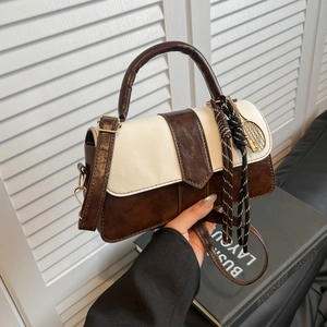 Sac à main chic bicolore pour femme en cuir PU marron et blanc avec bandoulière