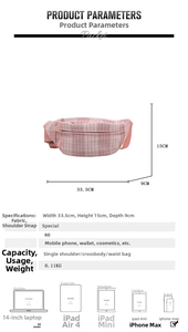 Detailed size guide and capacity chart for the pink plaid crossbody waist bag