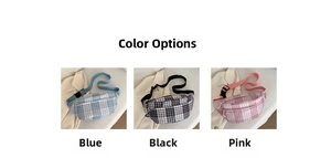 Detailed color options for the corduroy waist bag in blue, black and pink checkered pattern