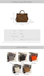 Detailed canvas tote bag size guide with dimensions, weight and five color options